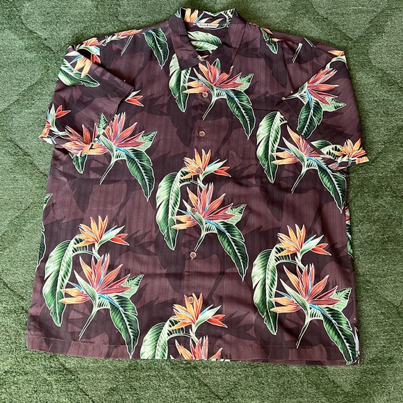 Tommy Bahama Brown Bird of Paradise Silk Mens Hawaiian Shirt Size XL - Picture 1 of 10